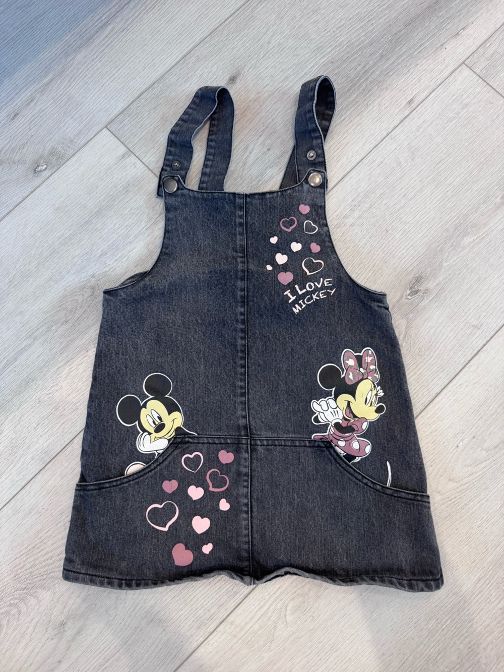 Minnie & Mickey Black Denim Kids Overall Dress with Pink Hearts